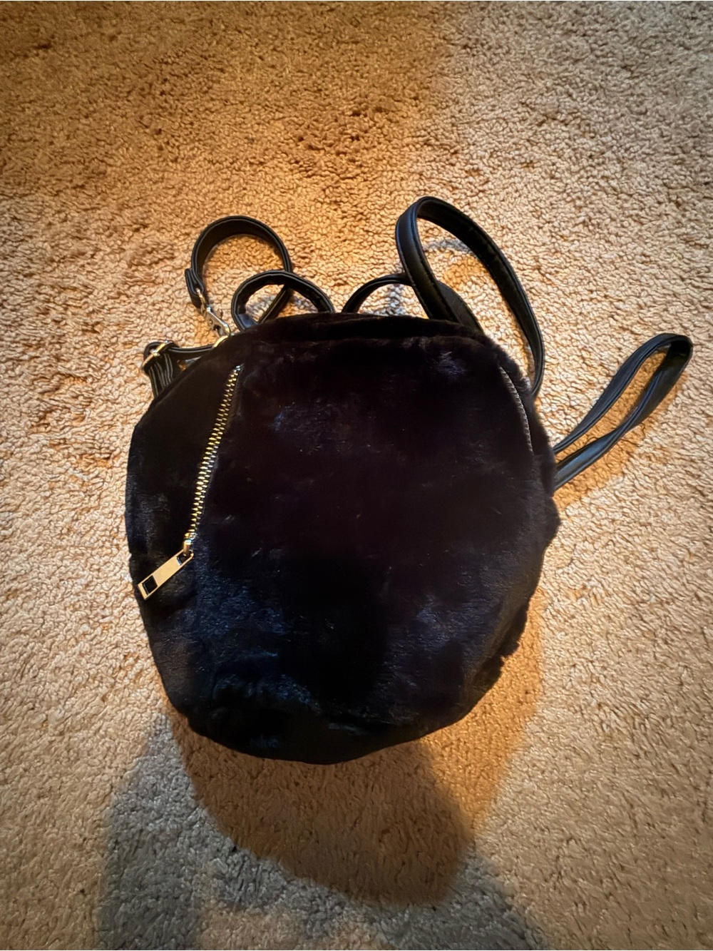 Olivia Miller Black Faux Fur Mini Backpack with Gold Hardware